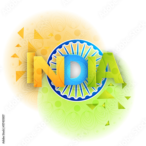 Glossy Text with Ashoka Wheel for Indian Independence Day.