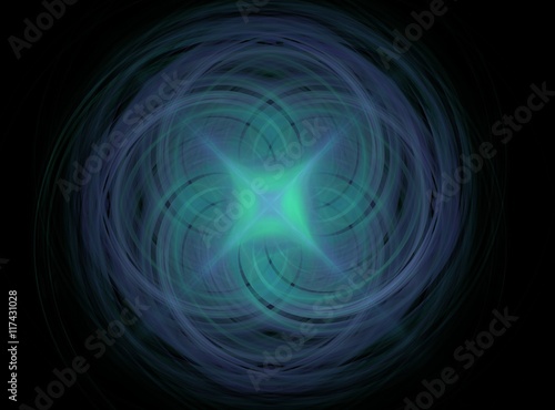Blue green abstract fractal glowing round with intersecting lines on a black background