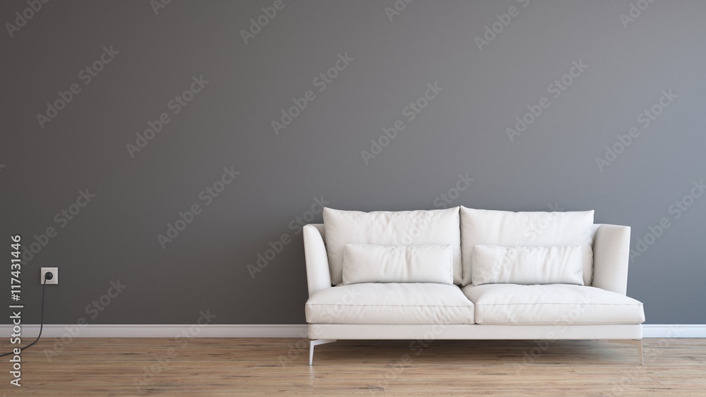Minimal empty and clean grey wall with wooden floor and white sofa Minimal empty and clean grey wall with wooden floor and white sofa