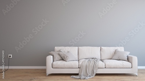Minimal empty and clean grey wall with wooden floor and white sofa