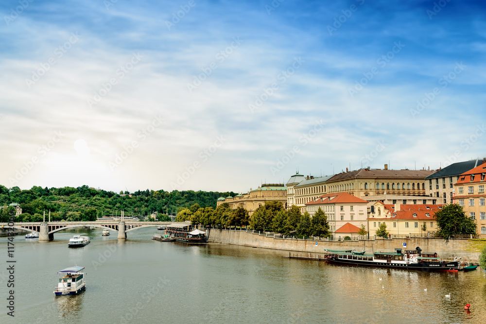 Boats on the Vitava River, Prague, Czech Republic