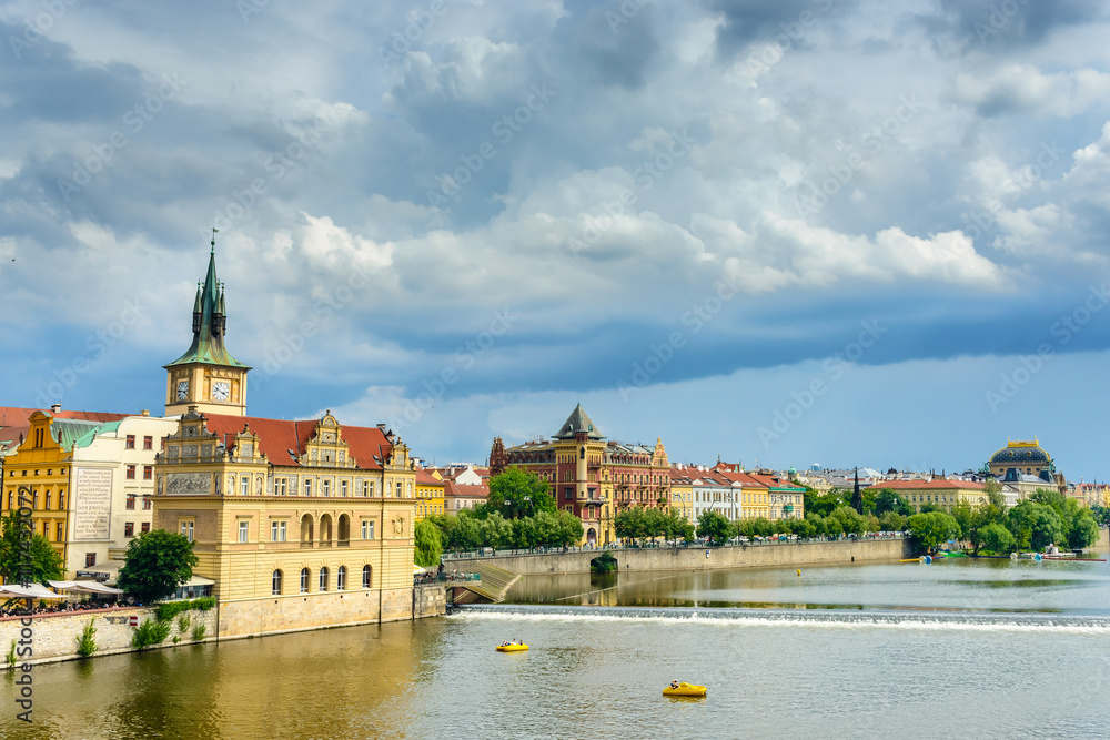 View of famous Prague clock tower from river