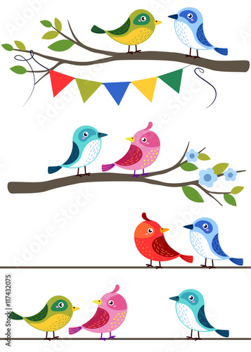 Birds on different branches in vector isolated on white background. Cartoon set of Colorful Birds