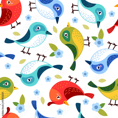 Hand drawn seamless pattern with cute birds. Fun birds for kids design on white background. Vector illustration