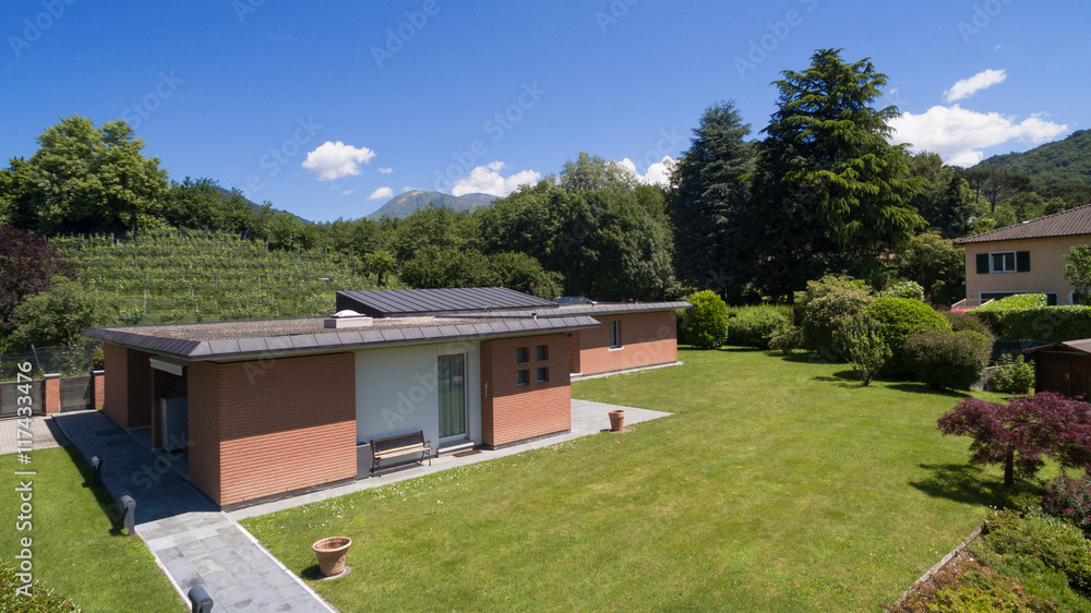 modern brick house, aerial view modern brick house, aerial view