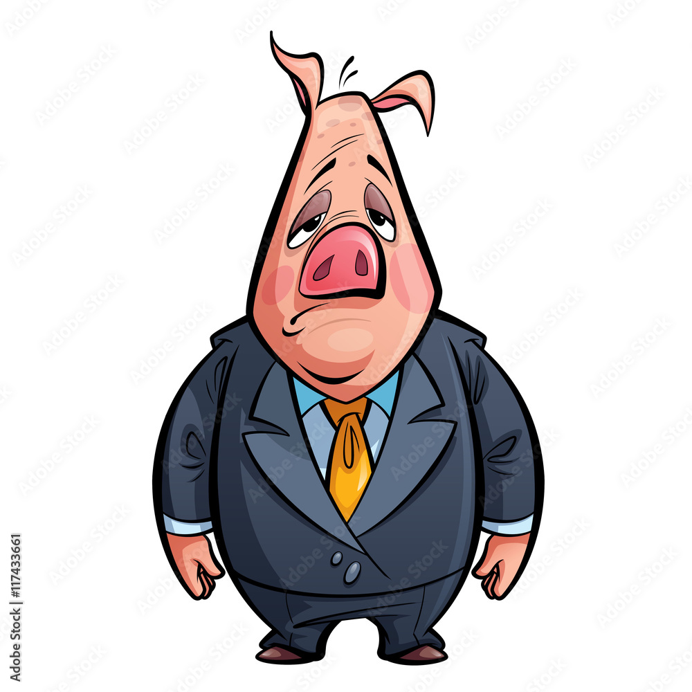 Cartoon sad politician pig animal character with costume Cartoon sad politician pig animal character with costume