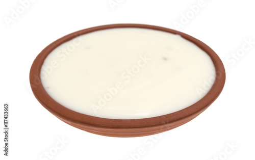 Fat-free blue cheese dressing in a small bowl isolated on a white background.