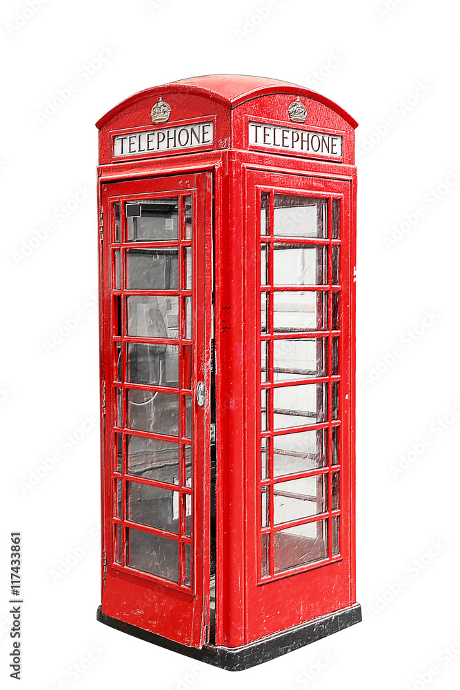 Classic British red phone booth in London UK, isolated on white Classic British red phone booth in London UK, isolated on white