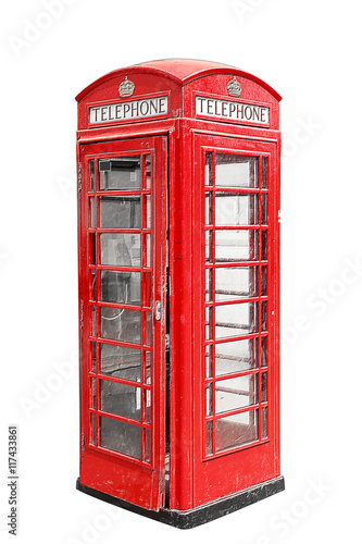 Classic British red phone booth in London UK, isolated on white