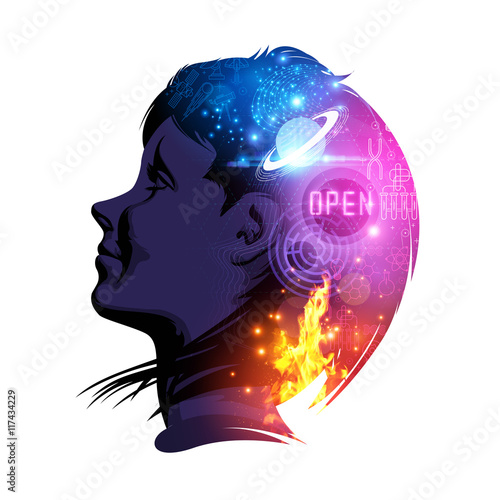 A woman smiling with science and education on her mind. Creative double exposure vector illustration.