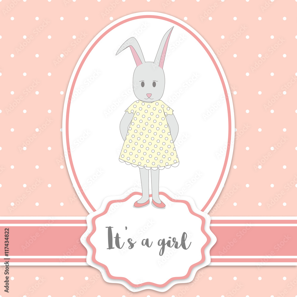 Baby shower card with bunny girl and polka dots background. It's a girl - lettering quote. Birthday party. Baby shower card with bunny girl and polka dots background. It's a girl - lettering quote. Birthday party.
