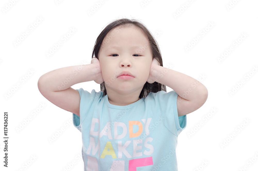 Little asian girl cover her ears by hands over white background Little asian girl cover her ears by hands over white background