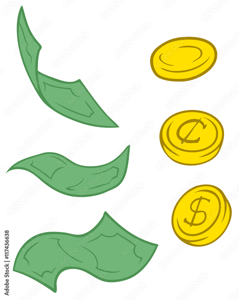 Set of cartoon greenback and coins Set of cartoon greenback and coins