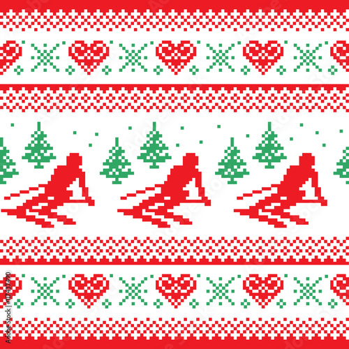 Christmas, winter red and green seamless pattern - man skiing in mountains