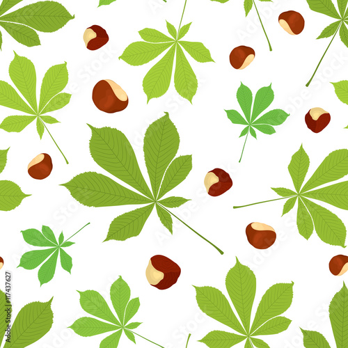  Vector seamless pattern of chestnut leaves and nuts in colour on white background. Cover design.