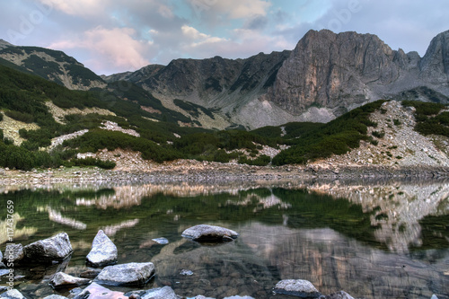 Panoramic sunset view of Sinanitsa peak and lake, Pirin Mountain, Bulgaria photo