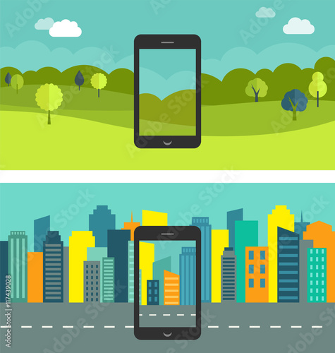 mobile phone game app, hand with smartphone, city landscape and nature