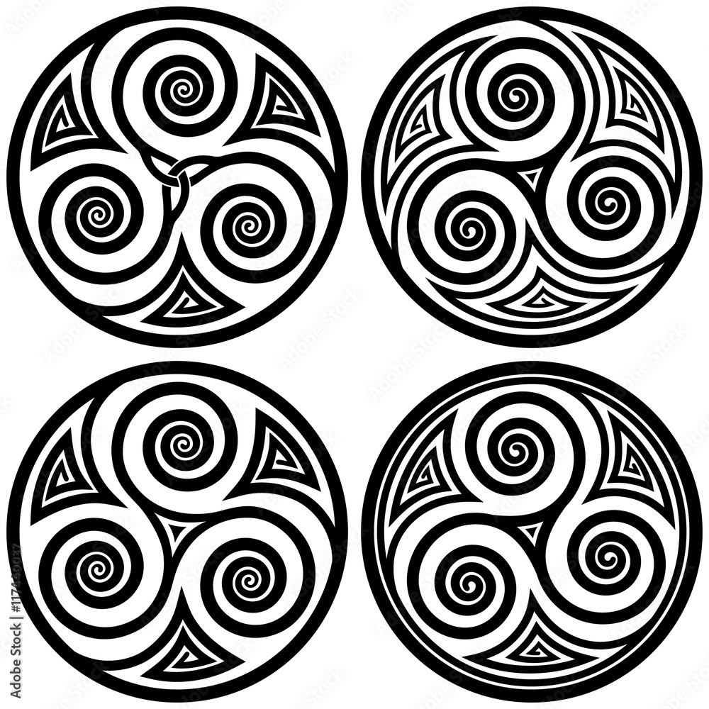 Vector ornament, set of decorative celtic triskelion round designs with spi...