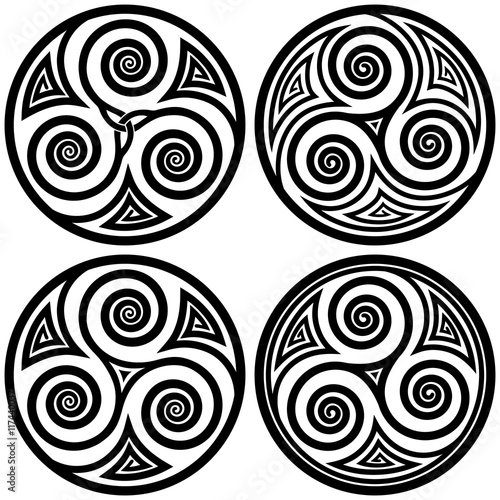 Vector ornament, set of decorative celtic triskelion round designs with spiral elements photo