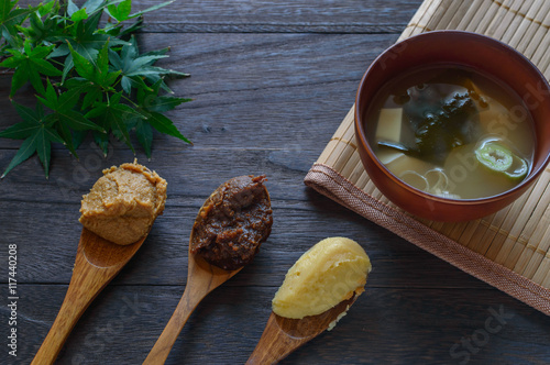 Miso is a traditional Japanese seasoning produced by fermenting soybeans with salt and the fungus. photo