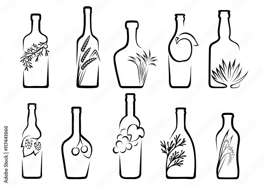 Icons of alcohol from fruit or plants from which it is produced Icons of alcohol from fruit or plants from which it is produced
