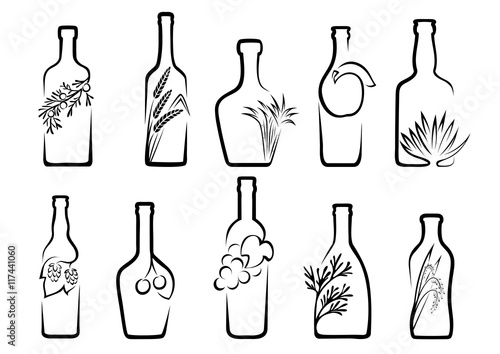 Icons of alcohol from fruit or plants from which it is produced