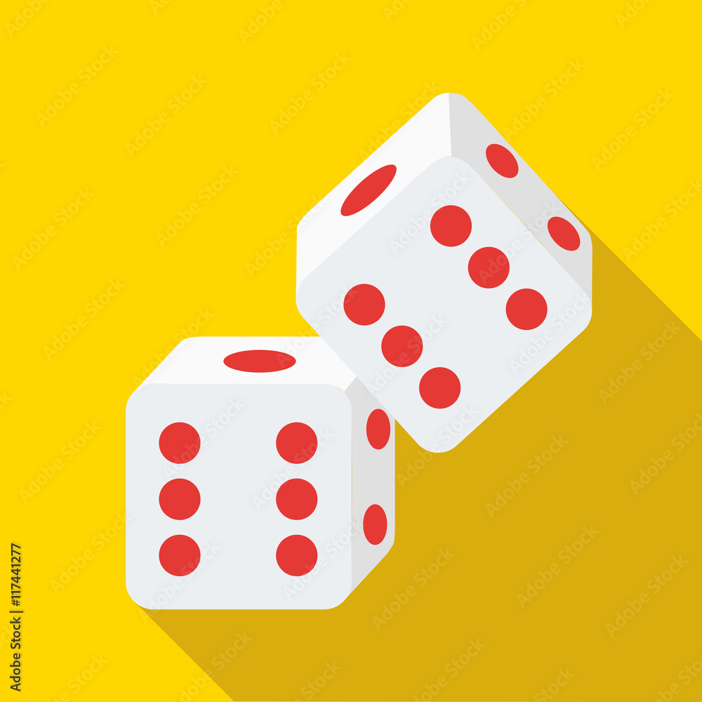 Two rolling white dice icon in flat style on a yellow background Two rolling white dice icon in flat style on a yellow background