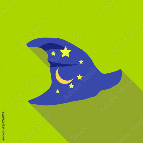 Blue wizards hat with stars icon in flat style on a green background