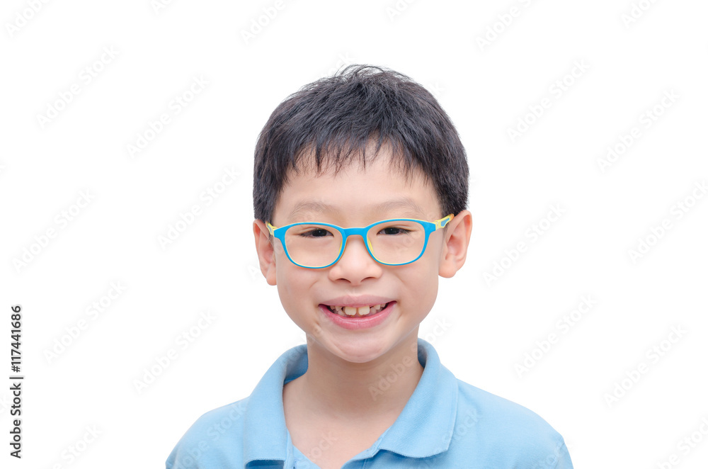 Young asian boy wearing glasses smiling over white Young asian boy wearing glasses smiling over white