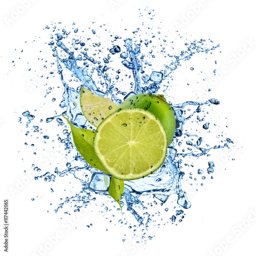 Lime in water splash on white background
