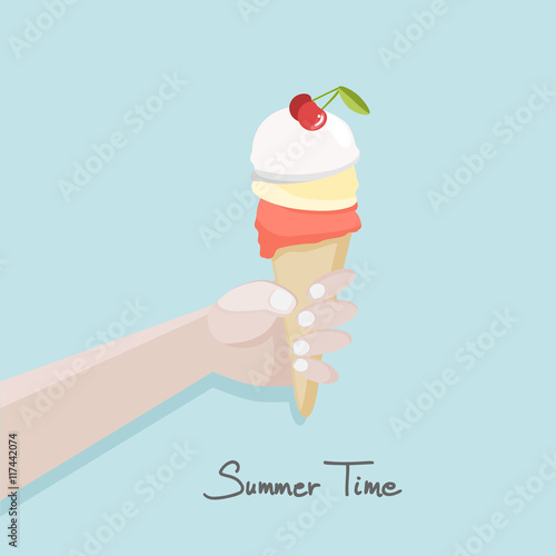 Arm holding an ice cream cone, summer vector flat design illustration, object