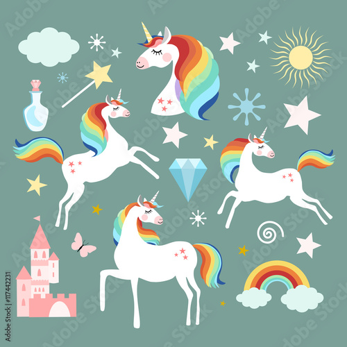 Unicorn fairy magic elements collection, isolated vector objects, flat design © lilam8