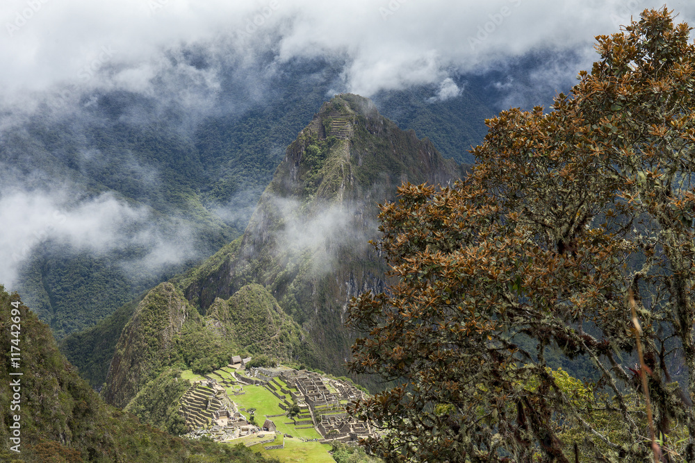Machu picchu inca ruins between Andes mountain , Peru. High view
