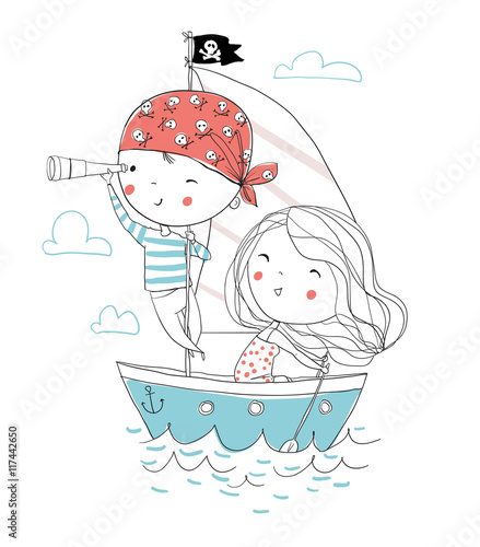 Pirate boy and girl in boat to sea