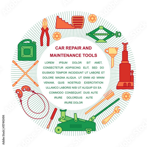 Collection of car repair and maintenance tools arranged in a circle. Place for your text.  Flat style illustration isolated on background. 