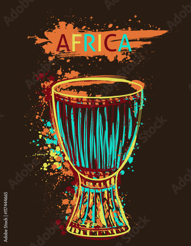 African drum tam tam with splashes in watercolor style. Colorful hand drawn vector illustration