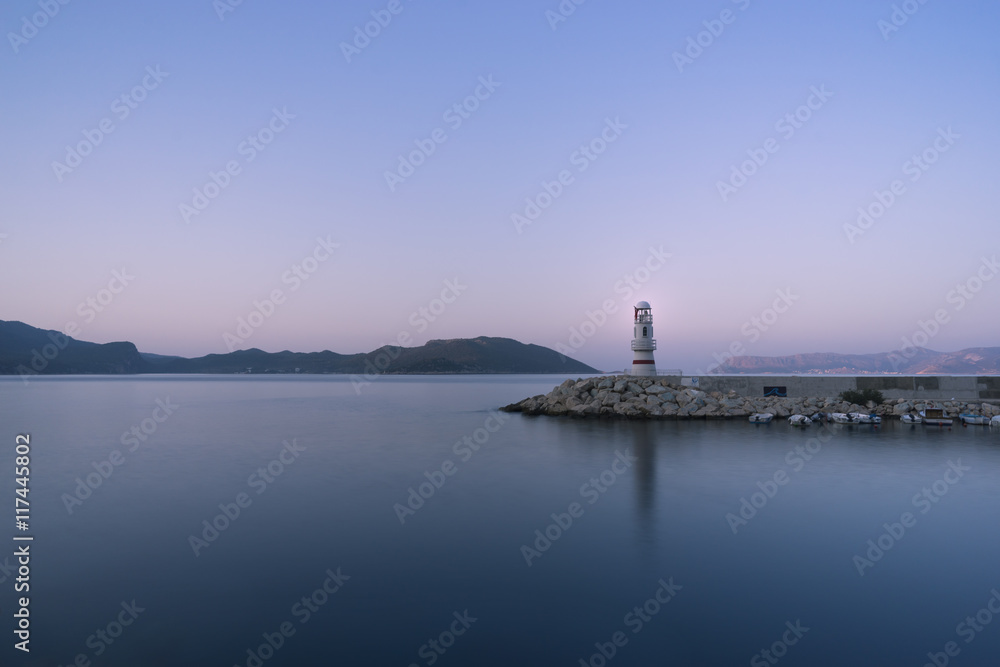 Lighthouse of Kas,, Resort in Turkey.
In the background the Greek Island of Kastelorizo
