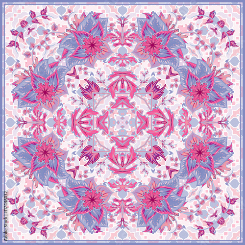 Bandana Print with tribal ethnic ornament, silk neck scarf or kerchief square pattern design style for print on fabric, abstract geometric background.