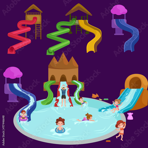 Water aquapark playground with slides and splash pads for family fun vector illustration.