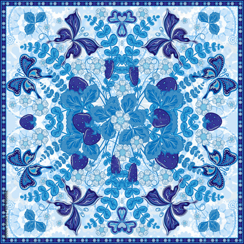 Decorative color floral background, strawberry pattern and ornate lace frame. Bandanna shawl fabric print, silk neck scarf, kerchief design, vector illustration. Tribal ethnic round decoration