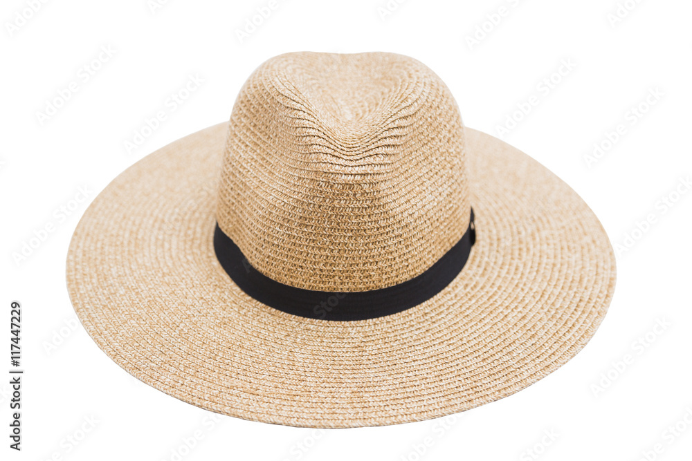 Wicker straw flaxen hat with black ribbon on isolated background