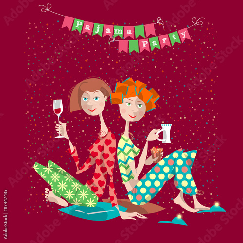 Two girls in a slumber party. Pajama party.