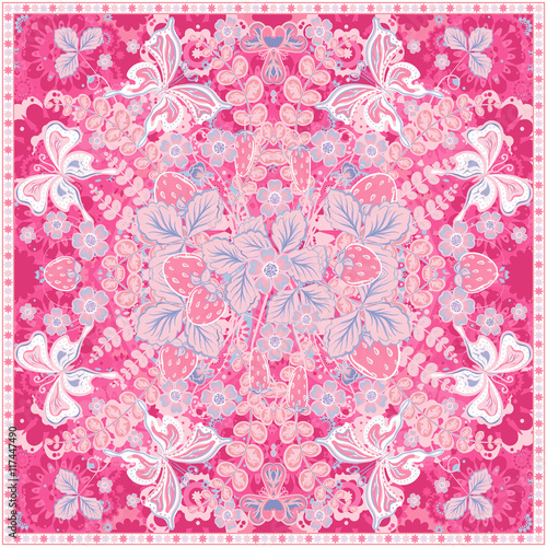 Decorative color floral background, strawberry pattern and ornate lace frame. Bandanna shawl fabric print, silk neck scarf, kerchief design, vector illustration. Tribal ethnic round decoration © leezarius