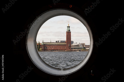 City Hall in Stockholm, Scandinavia, Sweden, Europe view from the porthole of the ship