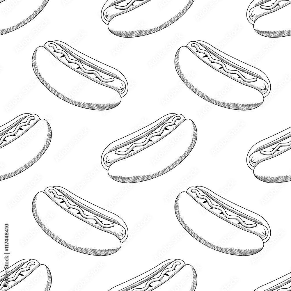 Hot dog doodle style. seamless pattern, vector background. Hot dog doodle style. seamless pattern, vector background.