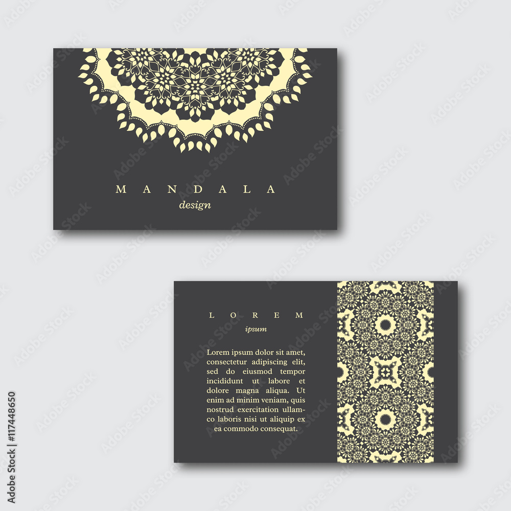 Set of ornamental business cards with hand drawn mandala and pat