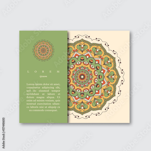 Template for brochure card with hand drawn colorful mandala. Vin