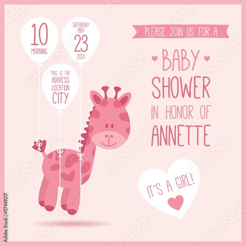 Pink baby shower invitation with a giraffe