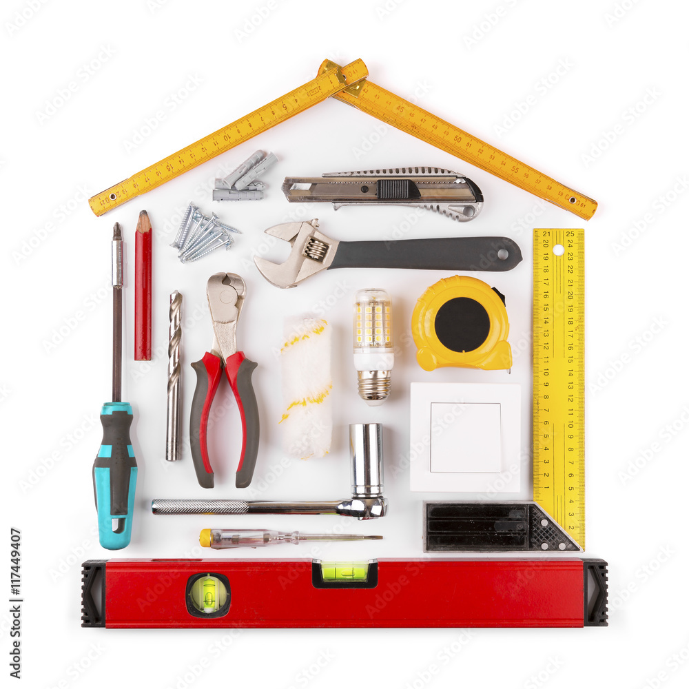 DIY - home renovation and improvement tools on white DIY - home renovation and improvement tools on white