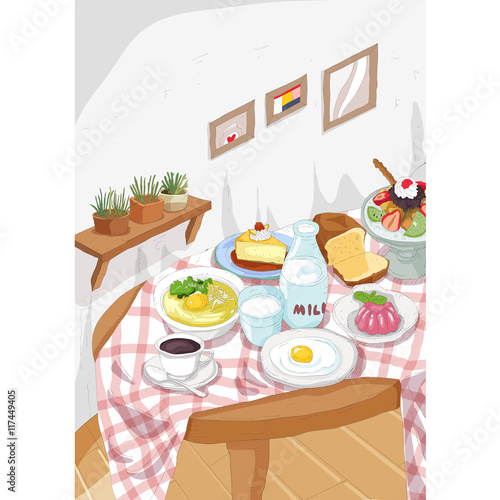 dinning table illustration - breakfast